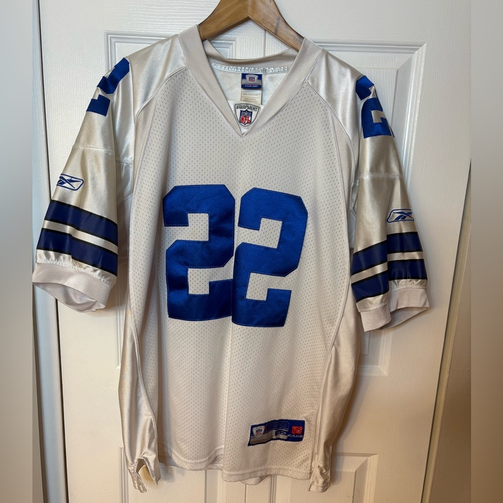 Vintage Emmitt Smith Reebok White and Blue Football Jersey